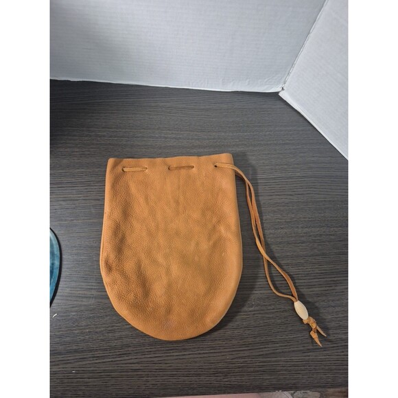 Unbranded Other - Vintage Genuine Leather Drawstring Pouch Camel Tan Color With Wooden Bead Accent